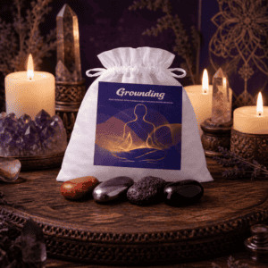 Grounding crystal bag on a wooden altar with candles