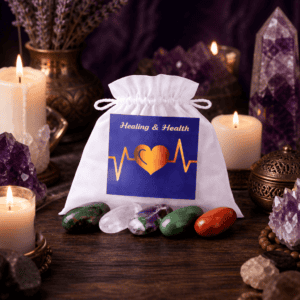 Healing and Health crystal bag on a wooden altar with candles
