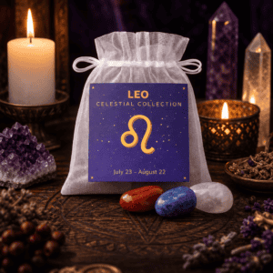 Leo celestial bag on a wooden altar with candles