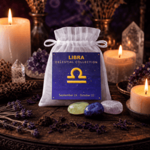 Libra celestial bag on a wooden altar with candles