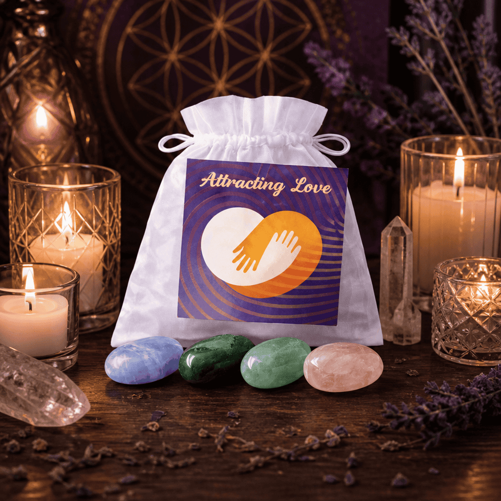 Attracting Love crystal bag on a wooden altar with candles