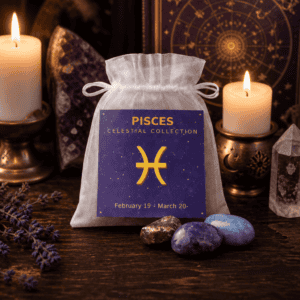 Pisces celestial bag on a wooden altar with candles