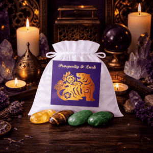 Prosperity and Luck crystal bag on a wooden altar with candles