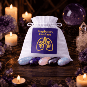 Respiratory crystal bag on a wooden altar with candles