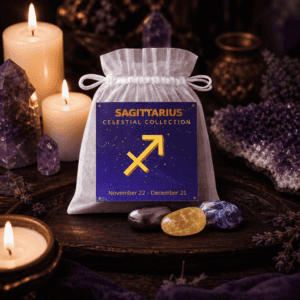 Sagittarius celestial bag on a wooden altar with candles