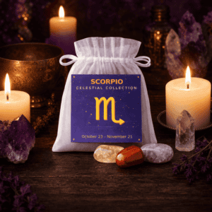 Scorpio celestial bag on a wooden altar with candles