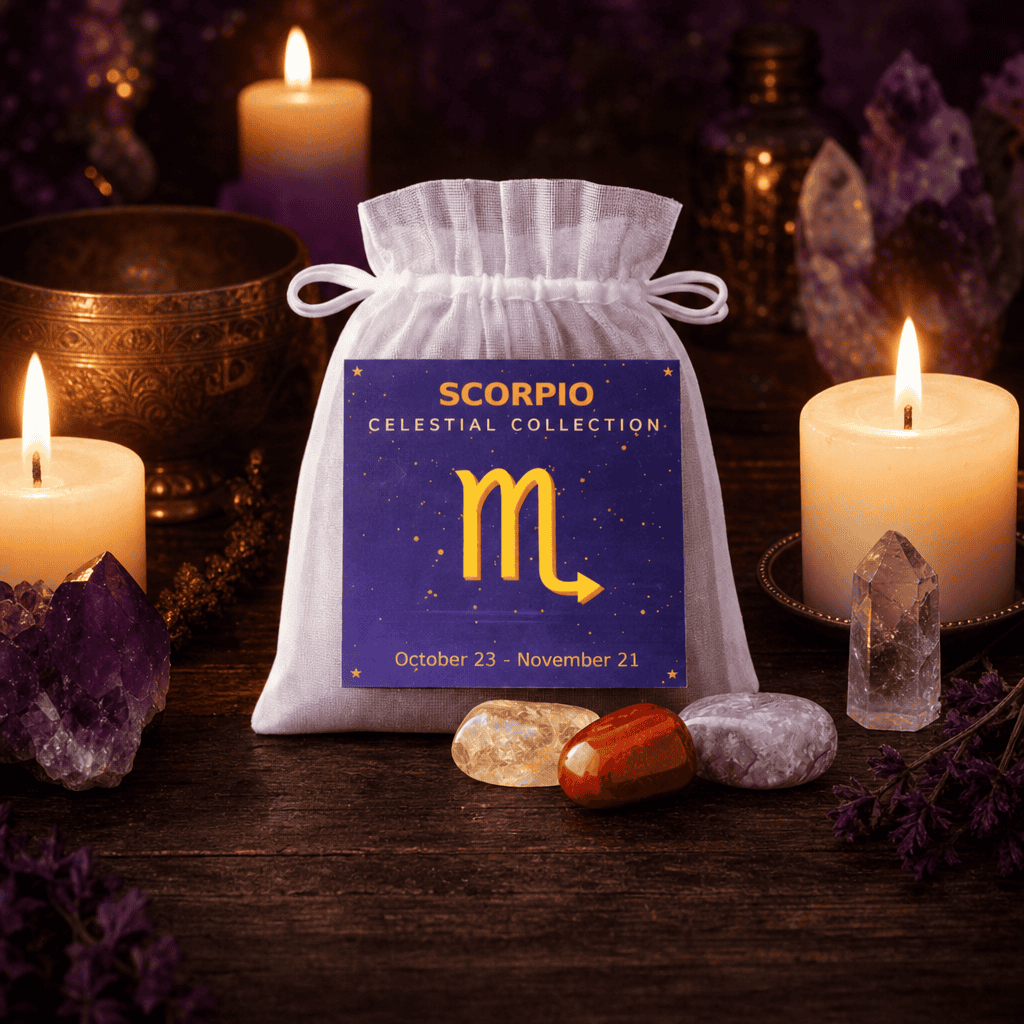 Scorpio celestial bag on a wooden altar with candles