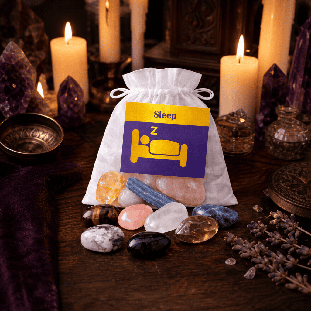 Sleep crystal bag on a wooden altar with candles
