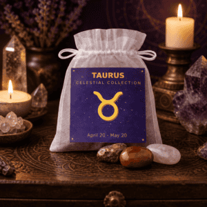 Taurus celestial bag on a wooden altar with candles