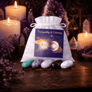 Tranquility crystal bag on a wooden altar with candles