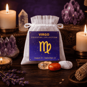 Virgo celestial bag on a wooden altar with candles