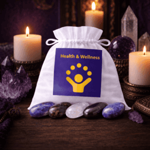 Health and Wellness crystal bag on a wooden altar with candles