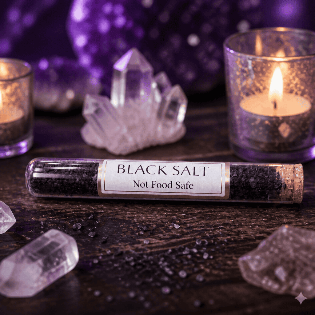 Glass tube of black salt with cork stopper on a wooden altar with candles and crystals