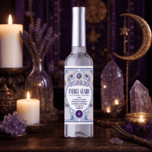 Energy Guard cleansing water bottle on a wooden altar with candles and crystals
