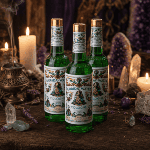 Florida Water cologne bottles on a wooden altar with candles and crystals