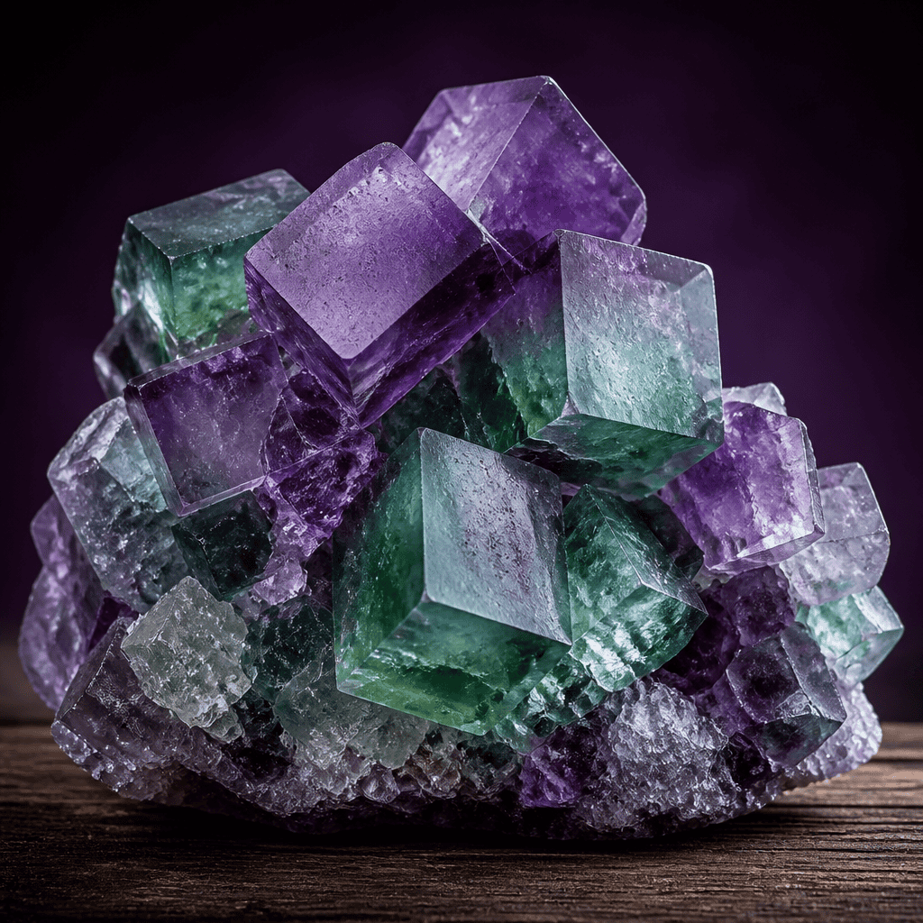 Purple and green fluorite crystal specimen