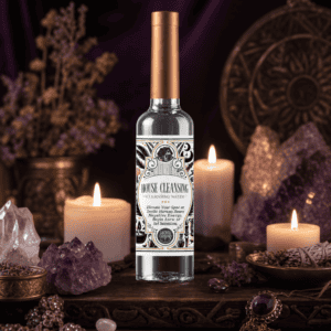 House Cleansing water bottle on a wooden altar with candles and crystals