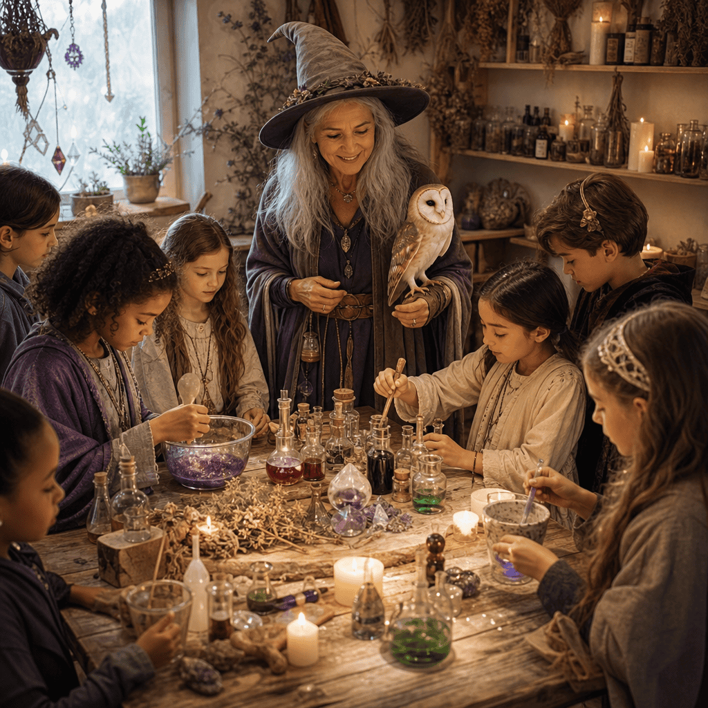 Children making colorful potions at a wooden table with a grey-haired teacher holding an owl