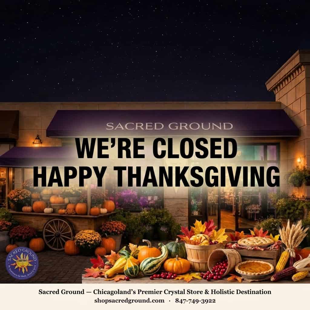 Sacred Ground storefront at night. We're closed. Happy Thanksgiving. shopsacredground.com 847-749-3922