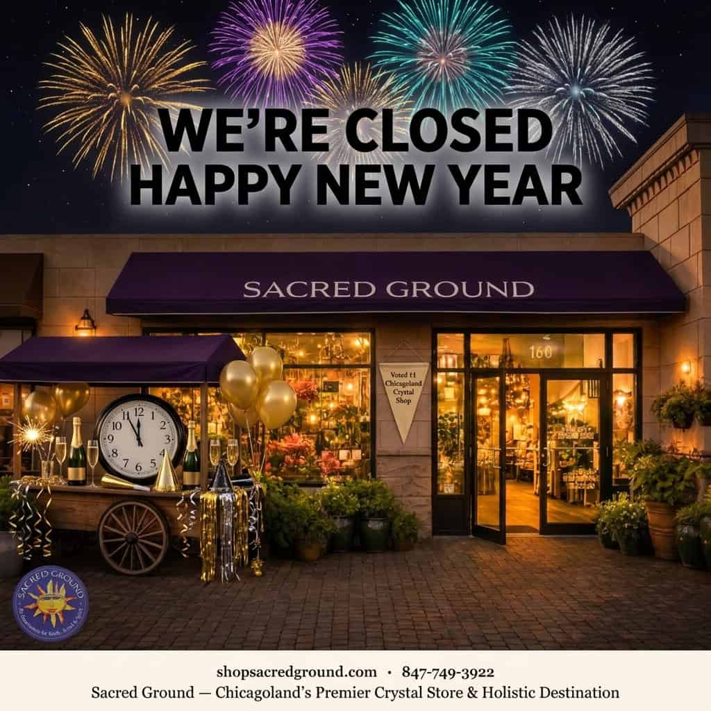 Sacred Ground storefront at night with fireworks. We're closed. Happy New Year. shopsacredground.com 847-749-3922