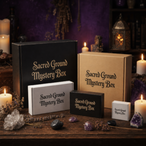Sacred Ground Mystery Boxes of different sizes on a wooden altar with candles and crystals, each labeled Sacred Ground Mystery Box