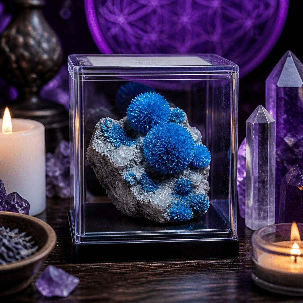 Blue cavansite specimen in a clear perky box