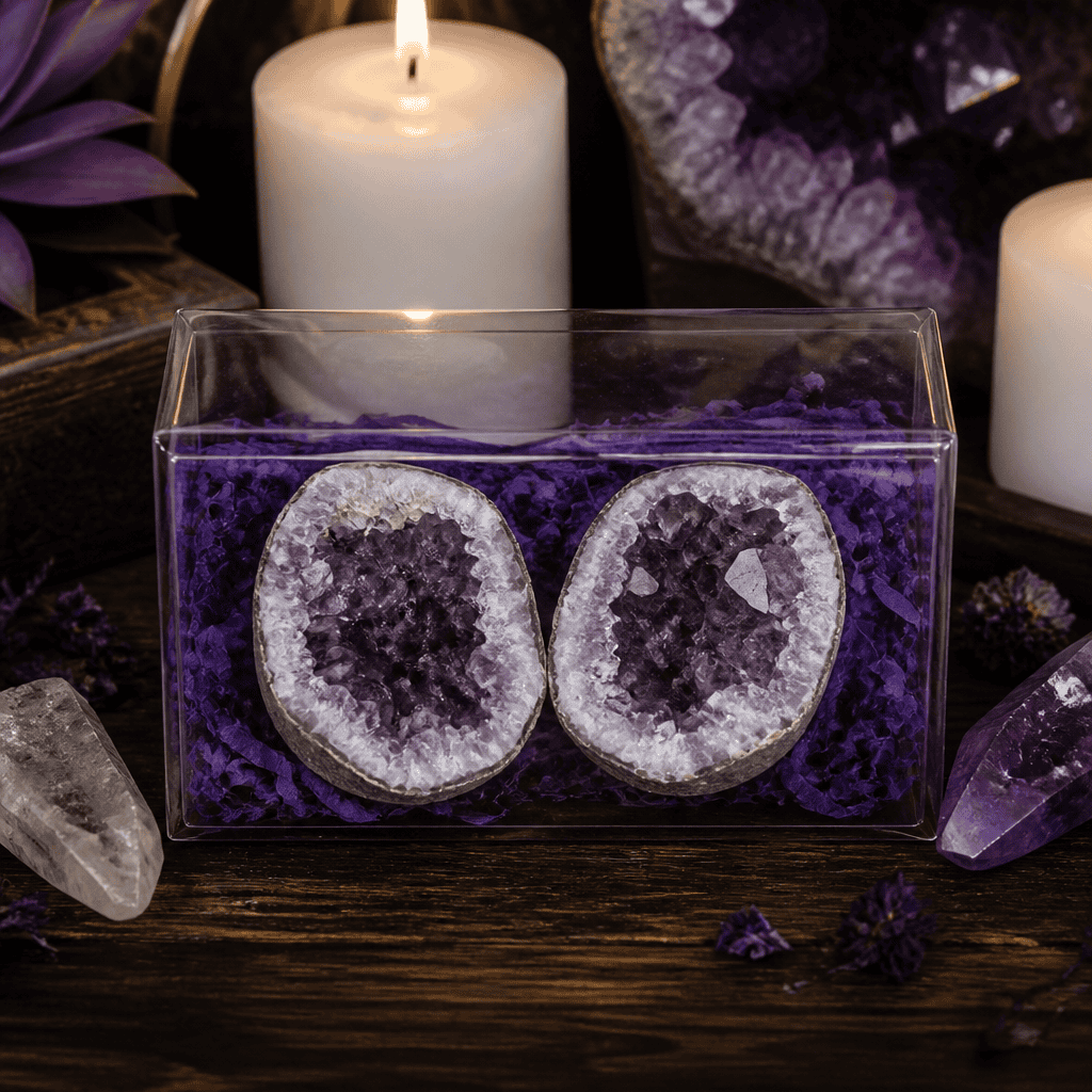 Mini geode pair in a clear perky box
