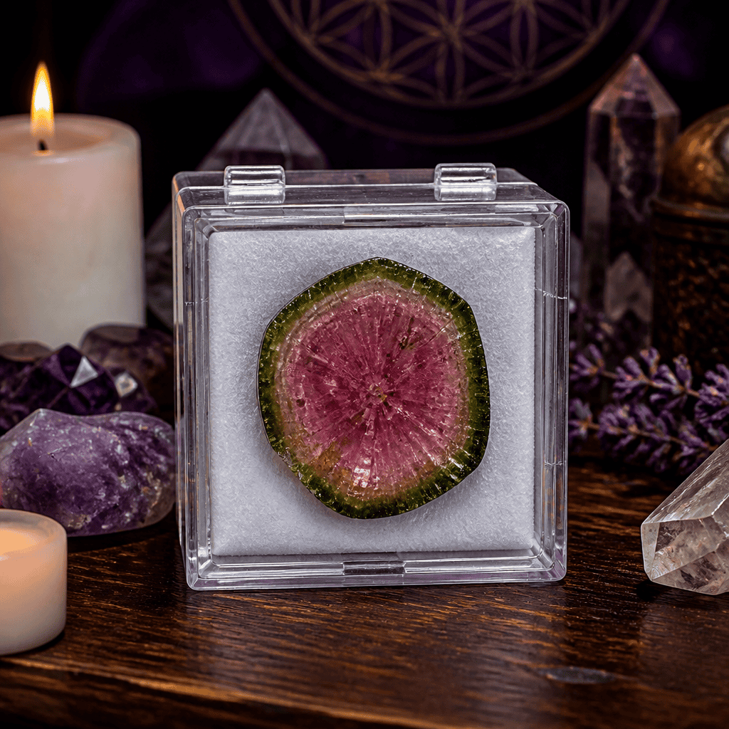 Watermelon tourmaline slice in a clear perky box