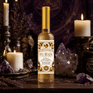 Spell Breaking cleansing water bottle on a wooden altar with candles and crystals