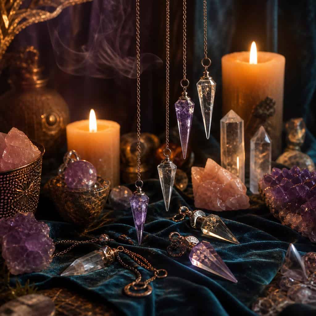 Crystal pendulums with candles and gemstones on a sacred altar